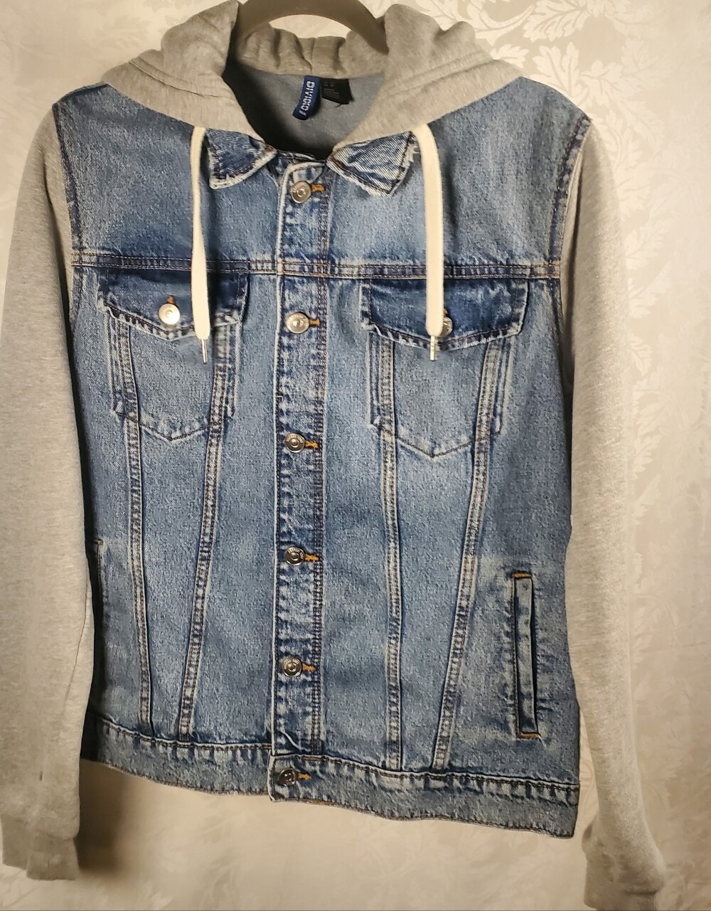 H&M Blue Denim Jacket with Gray Hoodie Sleeves